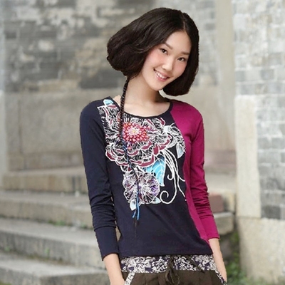 taobao agent Ethnic demi-season autumn jacket, cotton T-shirt, long-sleeve, ethnic style, long sleeve, plus size, fitted