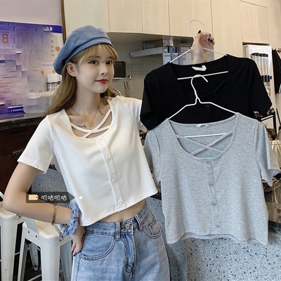 taobao agent Tide, short summer jacket, sexy short sleeve T-shirt, plus size, high waist