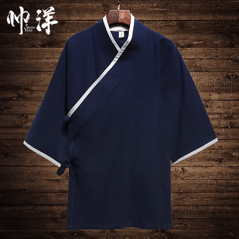 Mới nam Hanfu chéo chéo cổ áo ngắn nam mặc tay áo cotton Retro phong cách quốc gia Trung Quốc Quần short cổ đại - Trang phục dân tộc