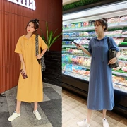 Phiên bản Hàn Quốc của bà bầu mặc giản dị trùm đầu mùa hè đầm dài đầu gối áo thun ngắn tay 200 kg cotton đáy váy - Áo thai sản