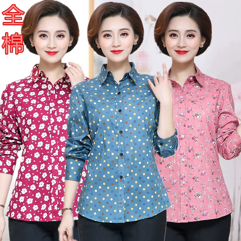 Áo sơ mi nữ trung niên và cao tuổi cotton áo sơ mi dài tay hoa - Áo sơ mi