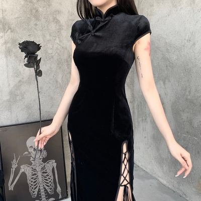 taobao agent Retro velvet cheongsam, bodysuit, long skirt, sexy mini-skirt, belt, punk style, with short sleeve