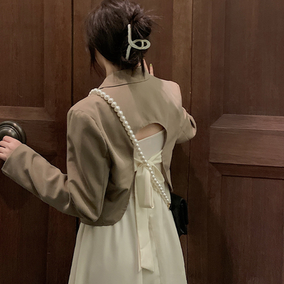 taobao agent Autumn demi-season thin sexy classic suit jacket, short uniform, set, plus size, backless