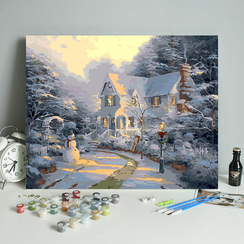 数字油画diy填充冬天雪景房屋风景装饰北欧风手工画画