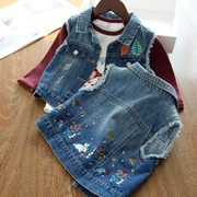 Thực tế hoang dã ~ cô gái lỗ denim vest yang thêu áo khoác bé gái 2019 thu mới - Áo ghi lê