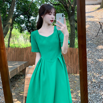 taobao agent Retro advanced summer dress, fitted long brace, plus size, French retro style, high-quality style, square neckline, mid-length