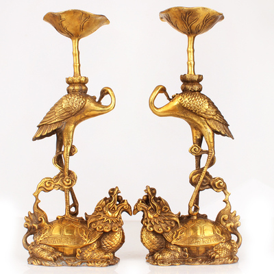 铜器仙鹤龟铜烛台开光龟上仙鹤摆件佛教烛台摆件龟鹤延年仙鹤