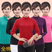 Áo sơ mi nữ mùa thu và mùa đông cotton đáy quần cotton nữ trung niên kéo dài cổ cao áo thun dài tay đồ lót màu rắn