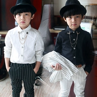 Trẻ em Hàn Quốc dài tay áo sơ mi trai thủy triều nhỏ quý ông ăn mặc cổ áo chuỗi áo sơ mi trắng hoang dã màu đen giản dị áo sơ mi sơ mi nam cotton đẹp