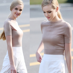 2018 mùa hè nửa cao cổ áo bó sát ngắn tay áo len màu rắn áo thun phần mỏng áo sơ mi nữ đoạn ngắn Slim đáy áo sơ mi