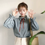 Mùa thu phụ nữ 2018 mới của Hàn Quốc bow tie trumpet tay áo nhỏ tươi áo sọc dài tay áo đáy áo