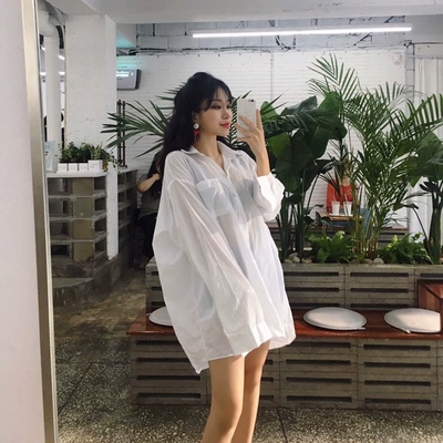 天天特价韩国oversize轻薄微透防晒男朋友宽松百搭中长款女士衬衫-淘宝网