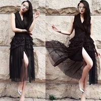 Mùa thu mới của Hàn Quốc tính khí thời trang lưới khâu vest dress phù hợp với cổ áo eo slim mid-length các kiểu áo vest nữ hàn quốc