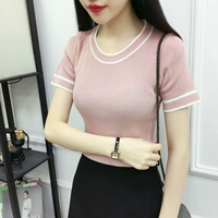 2018 mùa hè mới vòng cổ màu sọc đan áo sơ mi hàng đầu Hàn Quốc phiên bản của sinh viên hoang dã ngắn tay phụ nữ áo len áo len nữ form rộng