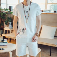 Mùa hè quần áo linen V-Cổ triều Tang phù hợp với ngắn tay t-shirt nam thanh niên bông và vải lanh lỏng mỏng Trung Quốc phong cách quần hoàn chỉnh phù hợp với quần đũi nam