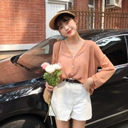 Mùa thu mới của Hàn Quốc phiên bản của chic phong cách rắn màu đơn giản sinh viên loose hoang dã V-Cổ áo len cardigan giản dị áo
