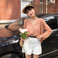 Mùa thu mới của Hàn Quốc phiên bản của chic phong cách rắn màu đơn giản sinh viên loose hoang dã V-Cổ áo len cardigan giản dị áo áo len cổ lọ form rộng