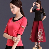 Phong cách quốc gia của phụ nữ kích thước lớn thêu ngắn tay T-Shirt phong cách Trung Quốc mùa hè ăn mặc là mỏng đáy nửa tay áo thêu áo bông áo cánh dơi
