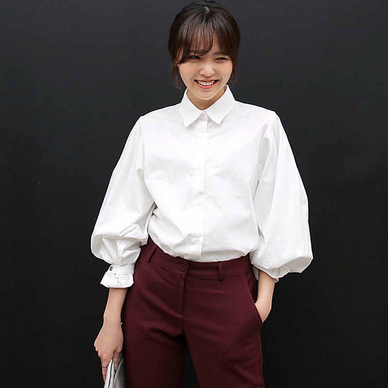 原宿灯笼袖衬衫女长袖韩版宽松学生宫廷纯棉衬衣白色泡泡袖上衣