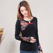 Xuân 2019 mới thêu phong cách quốc dân nữ áo thun dài tay size lớn Áo thun cotton cotton dáng lửng - Áo phông