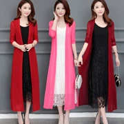 Mùa hè mới tay dài phần mỏng áo chống nắng cardigan bên ngoài áo choàng qua đầu gối dài khăn choàng lụa dệt kim áo khoác nữ