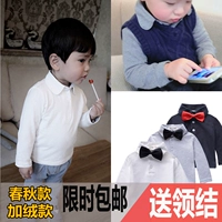 Áo sơ mi bé gái cotton cộng với nhung bé sơ mi trắng trẻ em ve áo chạm đáy áo thun dài tay cho bé mùa thu dày áo bé gái