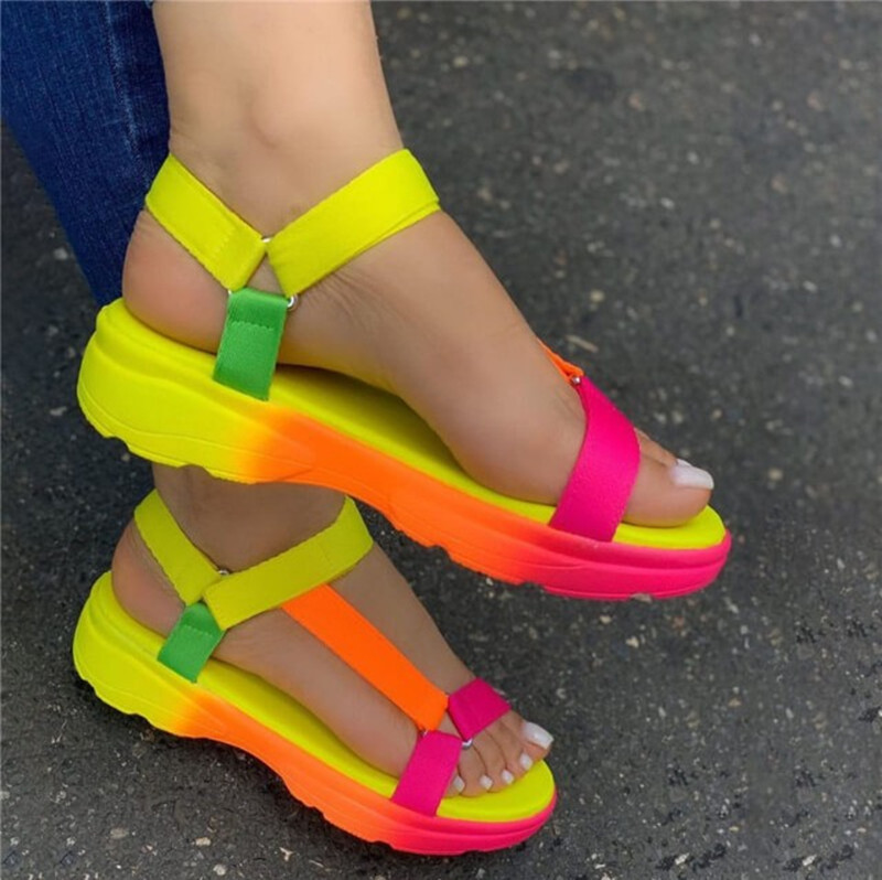 Rainbow Colorwish Cross border Big size Women's Shoes 2021 summer new pattern Rainbow color Hot money Velcro Flat bottom Wear out ma'am Sandals