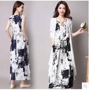 Quốc gia gió váy nữ mùa hè 2018 mới bông và vải lanh hai mảnh kích thước lớn mực sơn mỏng mỏng lanh váy