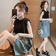 Bà bầu thời trang hè 2019 Bà bầu mới cho con bú đôi váy denim sử dụng váy mùa hè - Áo thai sản