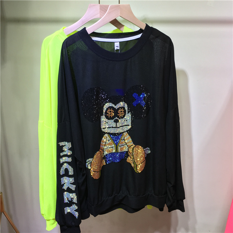 BlackEuropean goods heavy industry Hot drilling Sunscreen shirt Crew neck Long sleeve Frivolity easy leisure time rose red jacket T-shirt Ice silk cotton summer