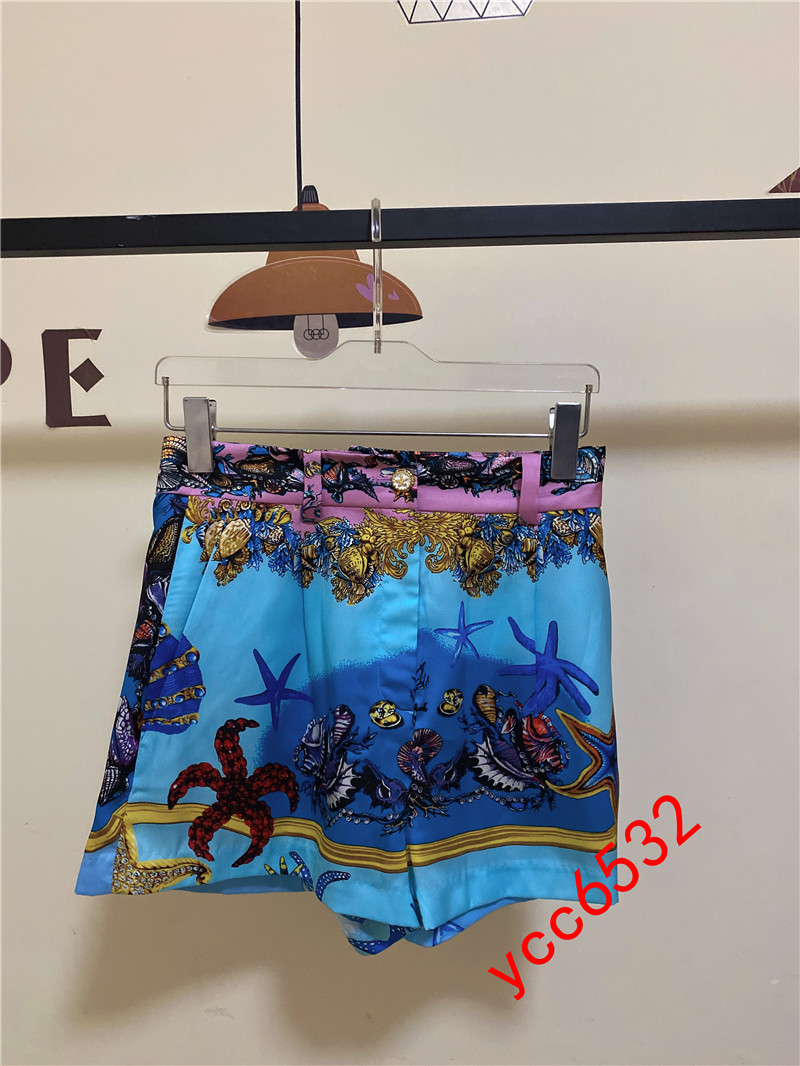 Blue2021 Spring and summer new pattern blue Starfish shell Conch ocean printing real silk shorts