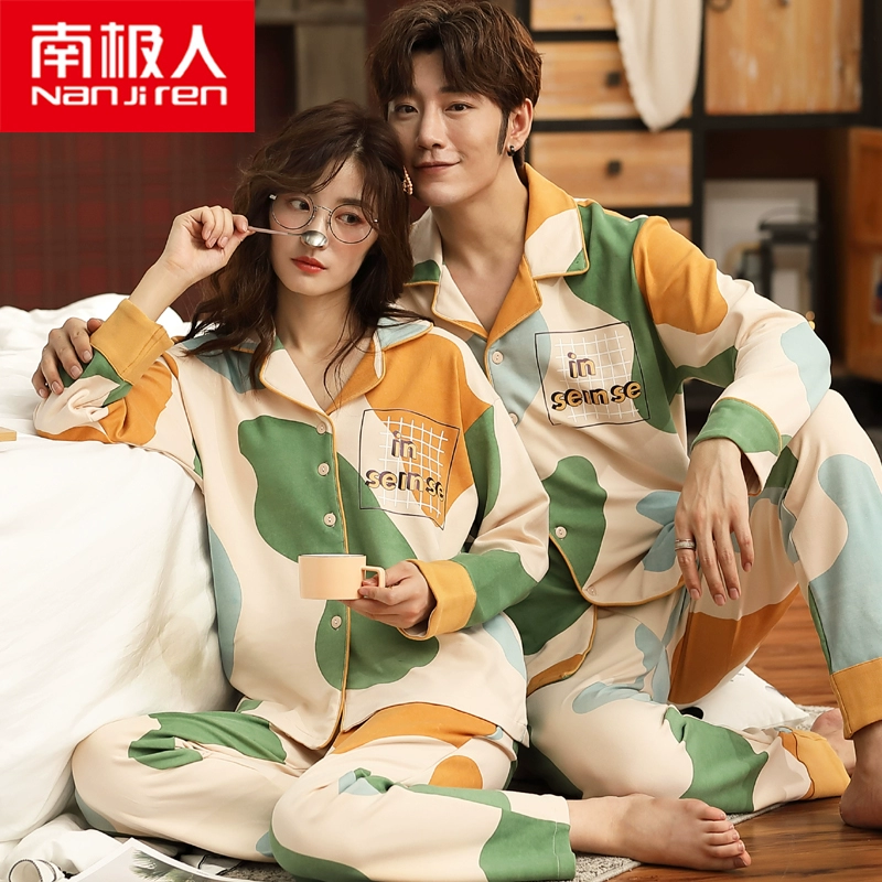 Cặp vợ chồng Nam Cực những người yêu thích đồ ngủ nữ cotton dài tay mùa xuân và mùa thu Hàn Quốc dịch vụ tại nhà mùa thu và mùa đông mẫu nam mỏng phù hợp với hai mảnh - Bộ Pajama