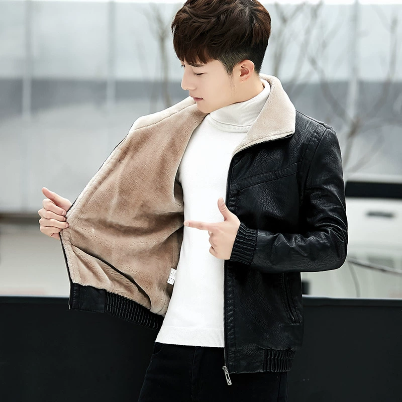 Áo khoác da lông thú một chiếc áo khoác nam 2019 mới Hàn Quốc Slim trẻ trung đẹp trai cộng với nhung da dày - Quần áo lông thú