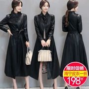 Mùa thu đông 2018 mới Hained leather leather nữ dài qua đầu gối Phiên bản Hàn Quốc giảm béo thon gọn cộng với áo khoác da cotton thủy triều