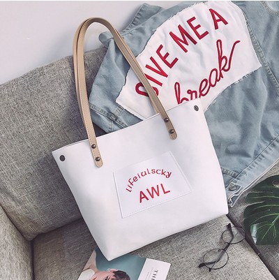 White [Without Bear]chic canvas Big bag female 2020 new pattern tide Korean version Versatile high-capacity college student attend class;class begins One shoulder handbag