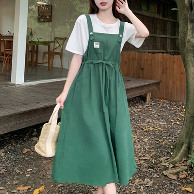 taobao agent Fashionable T-shirt, retro brace, dress, summer universal set, Korean style, drawstring, plus size