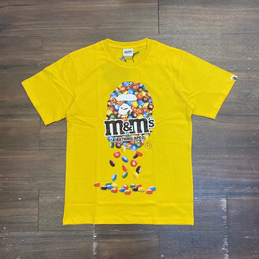 YellowChaopai BAPE jointly new pattern Ape head MM colour pill printing men and women lovers pure cotton easy Short sleeve T-shirt