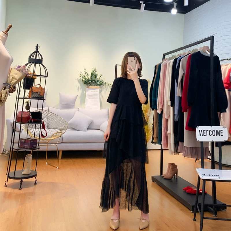 Mùa hè 2020 mới của Hàn Quốc Dongdaemun nữ ngắn tay không đều xù lưới khâu áo thun - Váy eo cao