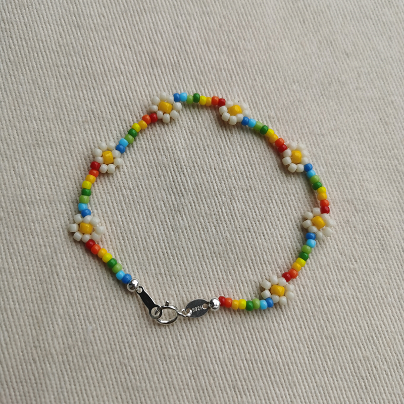 Rainbow Bracelet Fixed Length 16Cmsanyan ~ Europe and America Ins wind Daisy Colorful beads Bracelet Original design manual weave Simplicity delicate Sterling Silver female
