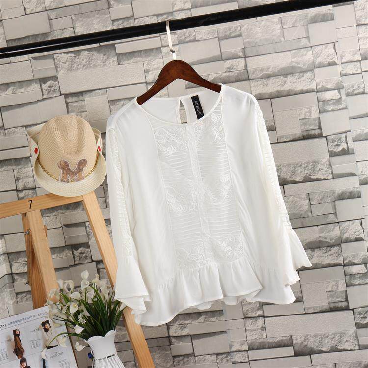 C5-3 triều nhỏ áo sơ mi Hàn Quốc phiên bản là mỏng bảy điểm trumpet tay áo áo sơ mi nữ mùa hè lá sen bên dưới ren voan áo sơ mi quan điểm