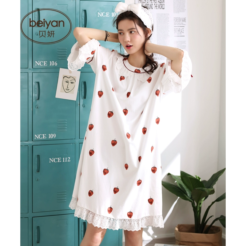 Bộ đồ ngủ nữ mùa xuân và mùa hè của Bei Yan vẻ đẹp ngọt ngào lỏng lẻo cỡ lớn váy ngủ phần mỏng tay áo bảy điểm cotton dịch vụ tại nhà - Đêm đầm