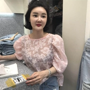 O Marie Hàn Quốc Dongdaemun của Phụ Nữ 2018 Mùa Hè Mới Buttoned Semi-Đục Puff Tay Áo Sơ Mi Ren Voan Áo Sơ Mi