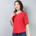 2019 mùa hè mới cộng với kích thước của phụ nữ thêu văn học cotton và vải lanh T-shirt retro lỏng lẻo và mỏng đầu tay áo - Áo sơ mi Áo sơ mi