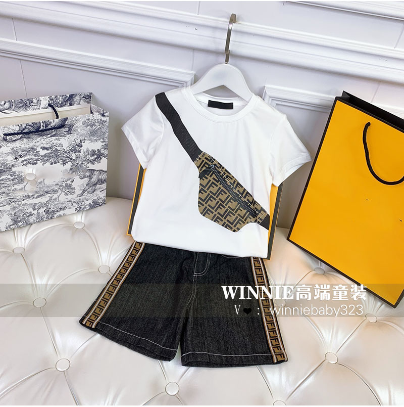 White T + Shortshigh-end Children's wear customized children summer wear Boy FF letter Satchel pure cotton Short sleeve T-shirt + shorts leisure time suit