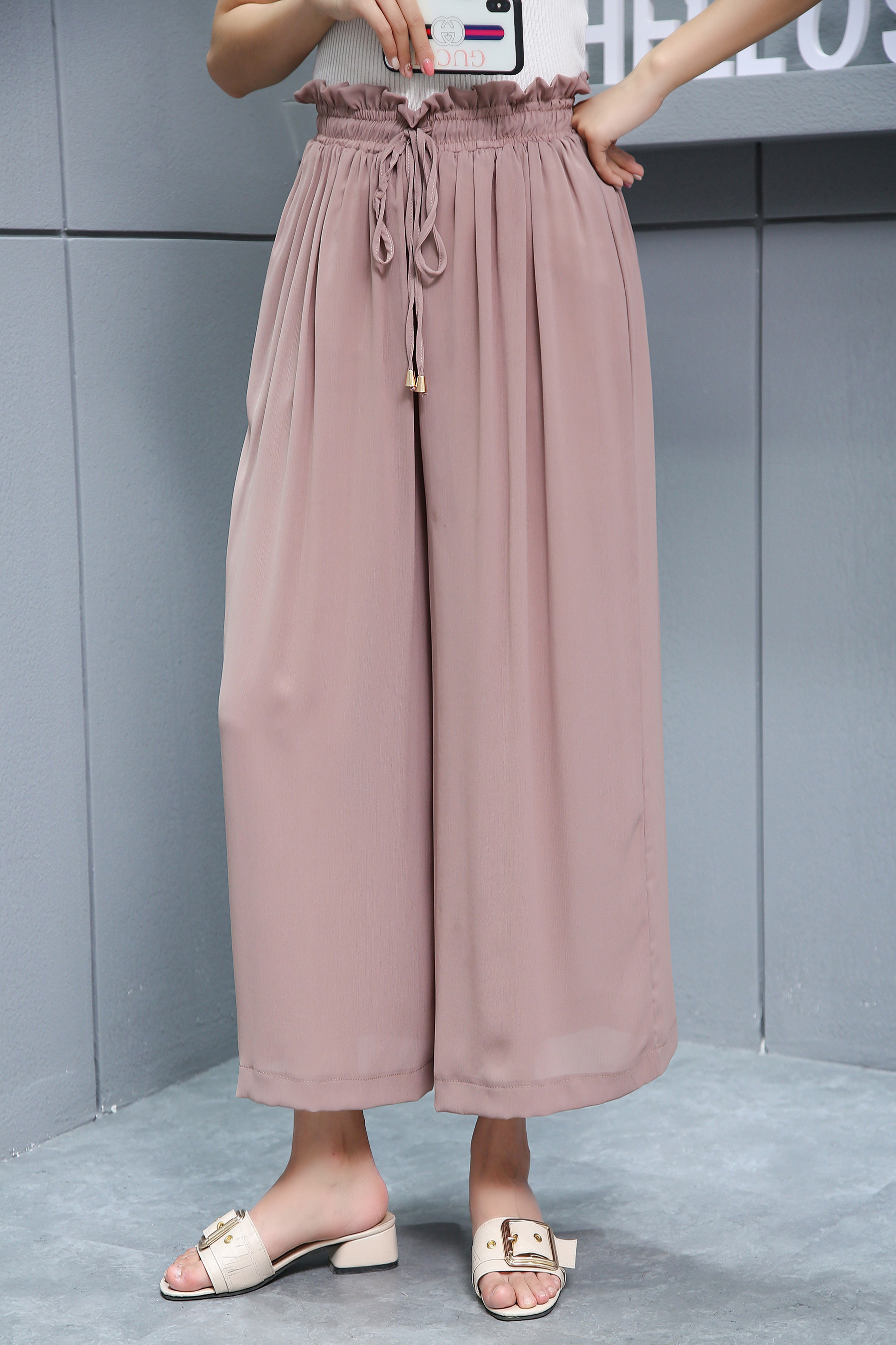 休闲长裤女2018夏季新款韩范宽松百搭松紧高腰系带纯色雪纺阔腿裤