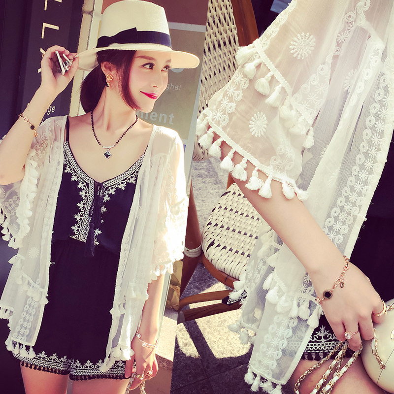 Bãi biển mùa hè kem chống nắng áo sơ mi nữ lỏng lẻo màu hoang dã tua khăn choàng voan ren cardigan áo khoác mỏng