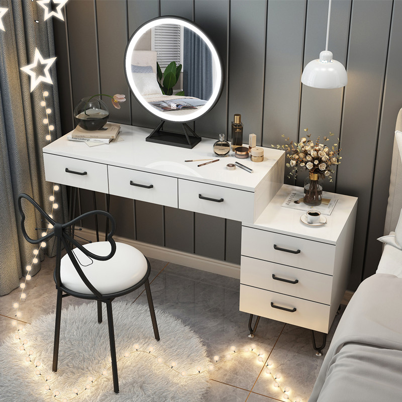 Black 100 Table + Three Color LED Mirror + Chair + CabinetNorthern Europe dresser bedroom Internet celebrity Ins wind Modern simplicity Large-sized apartment Dressing table female small-scale dresser With lamp