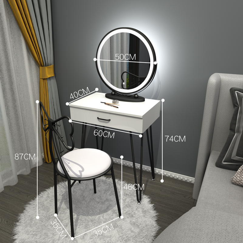 Black Iron 60 Table + Three Color LED Mirror + ChairNorthern Europe dresser bedroom Internet celebrity Ins wind Modern simplicity Large-sized apartment Dressing table female small-scale dresser With lamp