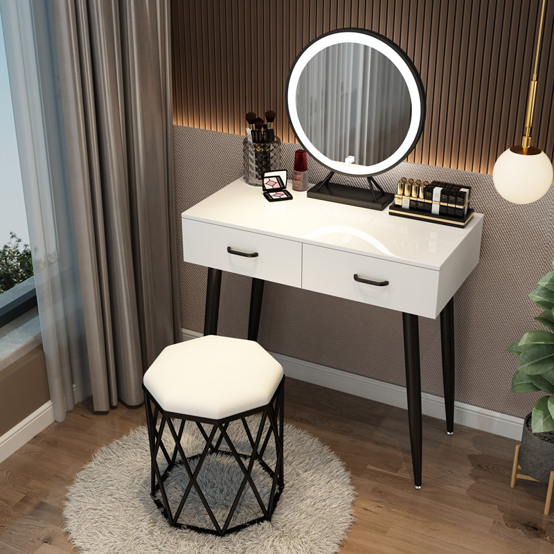 Black Steel Pipe Leg 80 + Three Color LED Mirror + Bird's Nest StoolNorthern Europe dresser bedroom Internet celebrity Ins wind Modern simplicity Large-sized apartment Dressing table female small-scale dresser With lamp