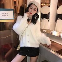 2018 thu đông mới M-cổ giả mohair áo len đan áo len cardigan lỏng ngắn đoạn dài tay áo sơ mi nữ áo len khoác ngoài